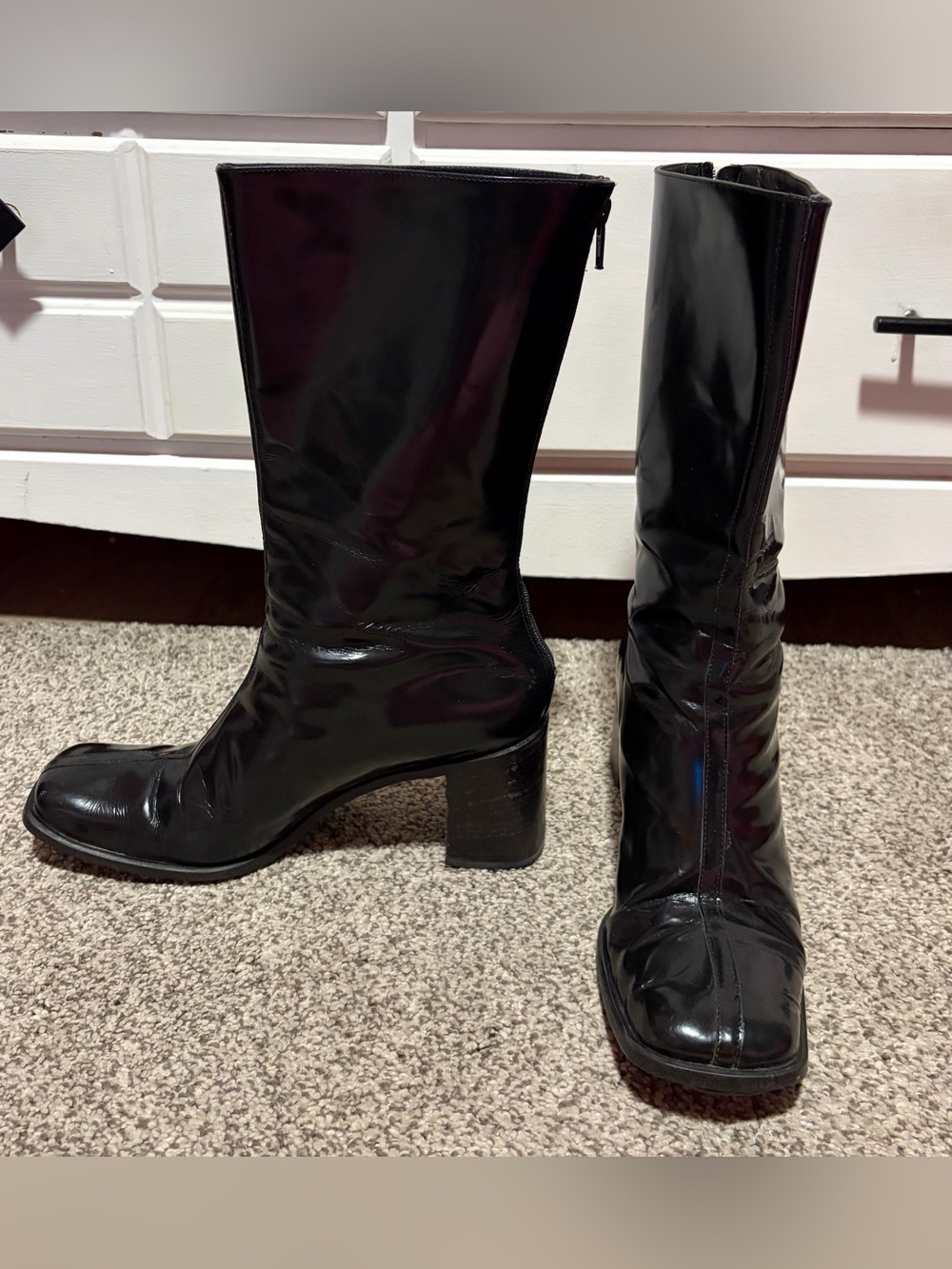 Rare Vintage Y2K Coach Virginia J021 Black Glossy Leather Block Heel Boots